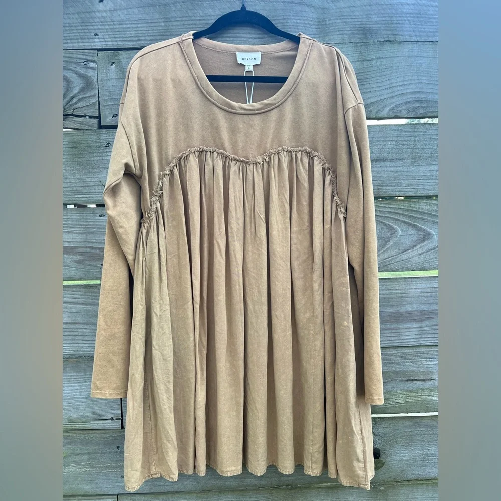 Tan Long Sleeve Mini Dress - Picture 1 of 10